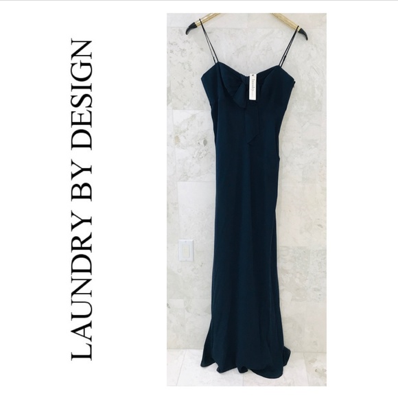 LAUNDRY BY DESIGN Long Dress {4} Gown Navy Blue Silk Chiffon Spaghetti S… - Picture 1 of 14